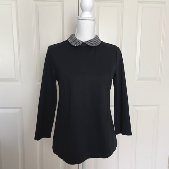 Talbots Black Knit Top w/ Houndstooth Collar Tailored Women's 3/4 Sleeve Small - Picture 1 of 9